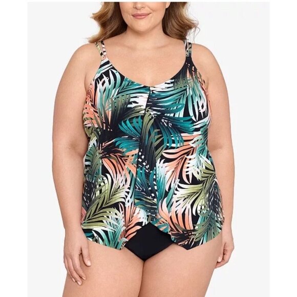 Swim Solutions Size 24 W PALM DELIGHT Plus Size Handkerchief One-Piece Swimsuit - Picture 1 of 5